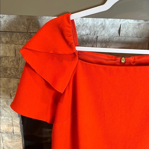 Trina Turk Red Orange Sheath Party Dress, Square Neckline Tiered Sleeves, size 4 - Picture 4 of 13
